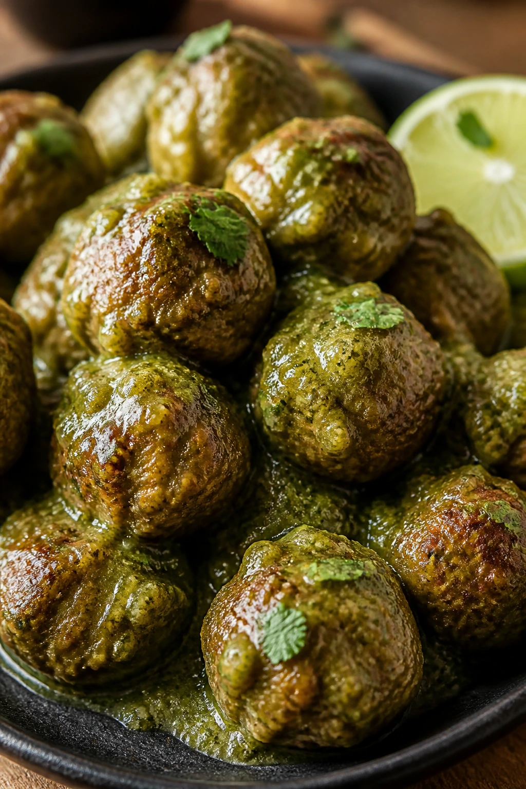 Green salsa verde glazed meatballs on a dark plate.