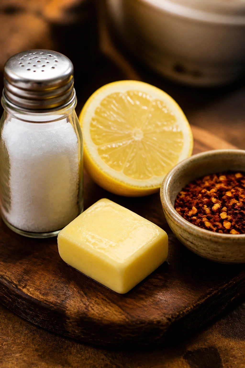 Close-up of salt shaker, lemon, butter, and chili flakes representing the four seasoning knobs in soup.