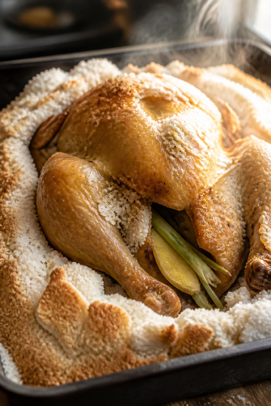 Salt-baked chicken with salt crust in rustic kitchen