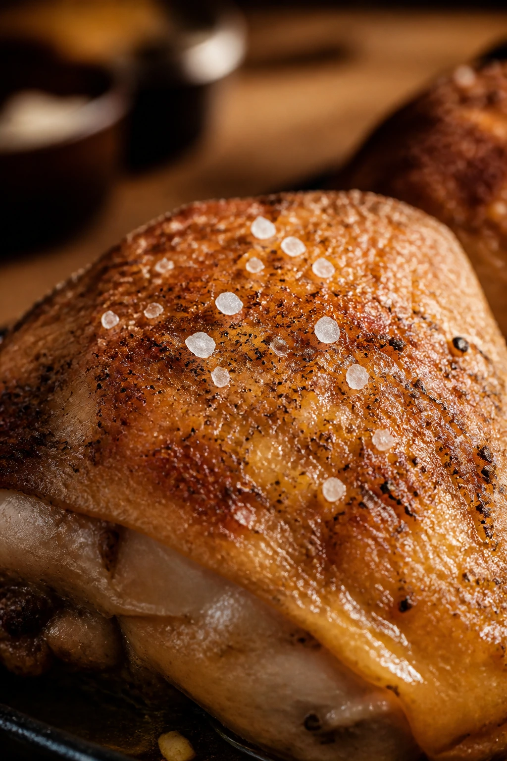 Roasted chicken with visible salt crystals in a kitchen