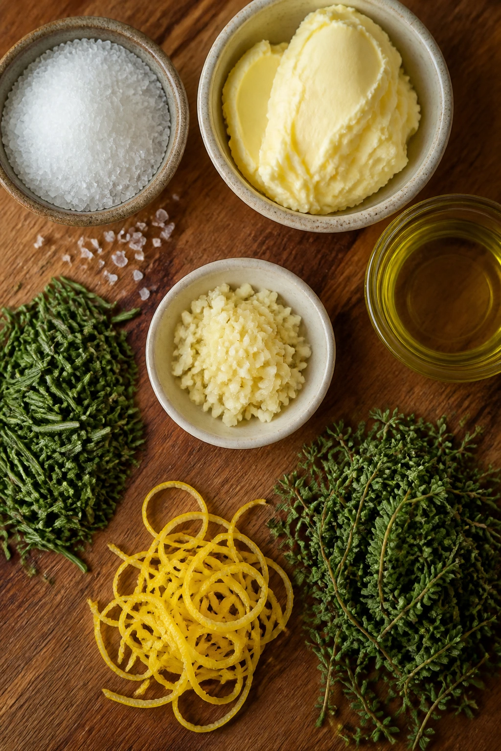 Top-down view of ingredients for turkey roast: salt, butter, garlic, herbs