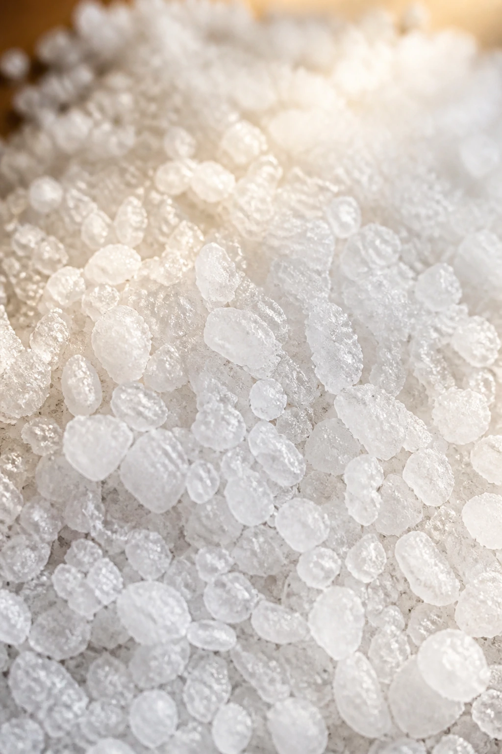 Close-up of coarse sea salt crystals on a wooden kitchen counter in warm light