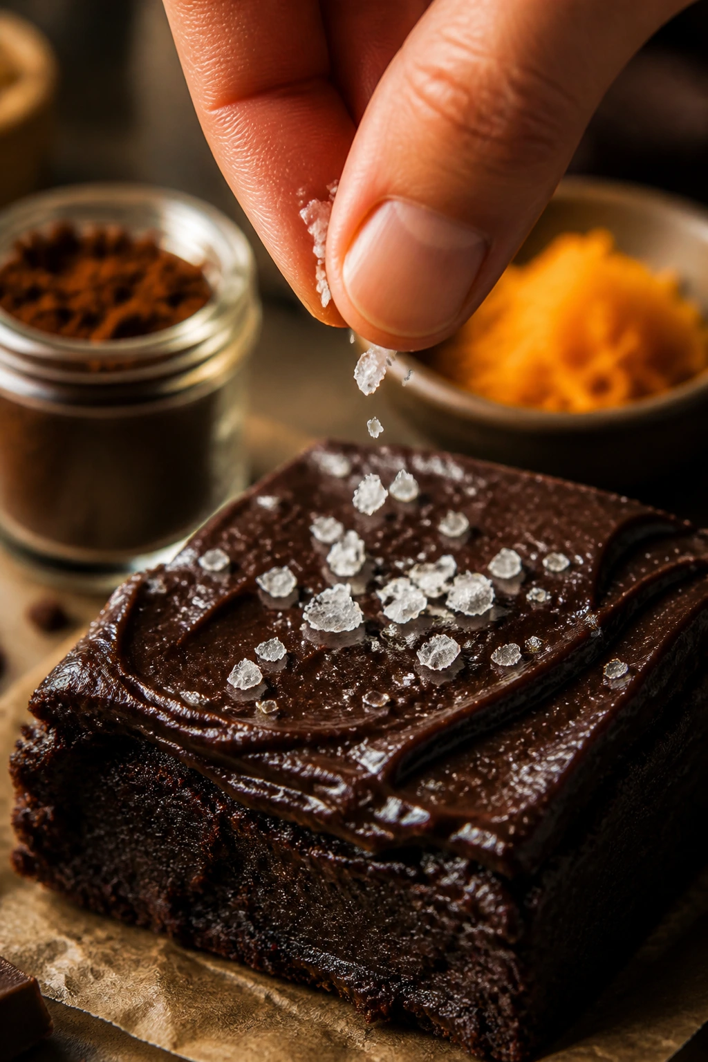 Hand sprinkling flaky salt over a chocolate dessert with espresso powder and citrus zest nearby