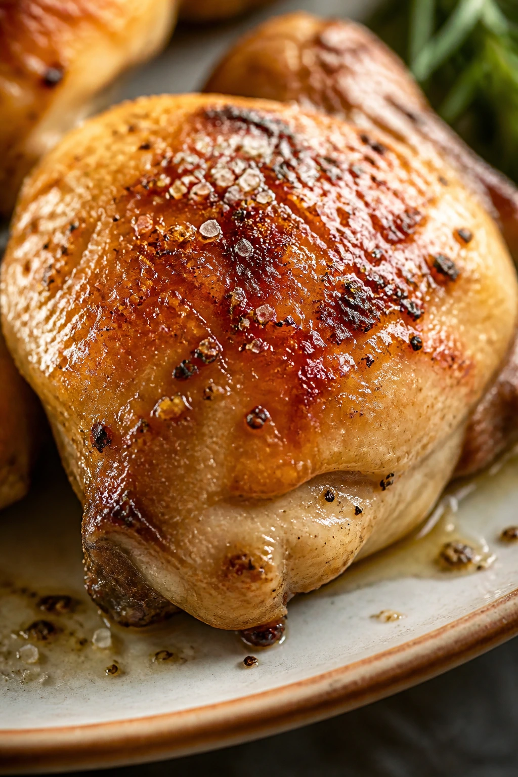 Salt-crusted roasted chicken with glossy fat coating
