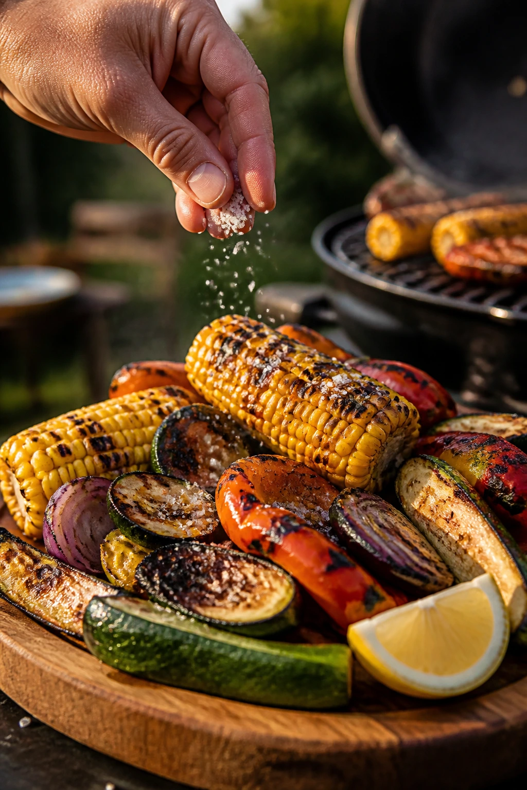 Hand sprinkling flaky salt on charred vegetables and corn outdoors