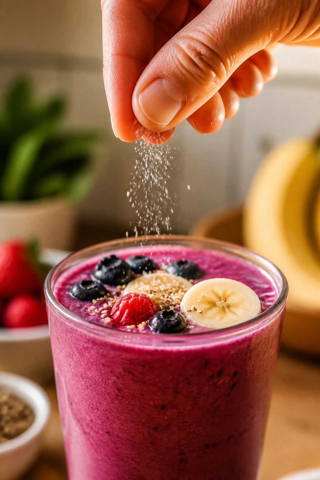 Hand sprinkling salt over a smoothie in a kitchen setting