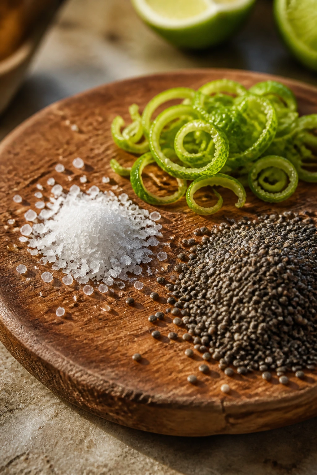 Small board with salt, lime zest, and chia seeds