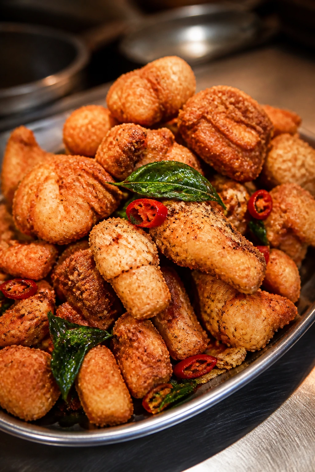 Crispy salt and pepper chicken with basil and chili