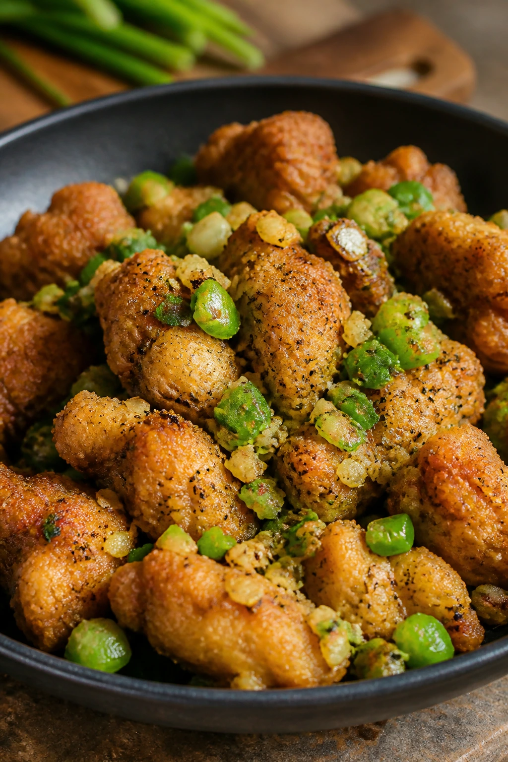 Crispy salt and pepper chicken pieces on a plate with garlic and scallions