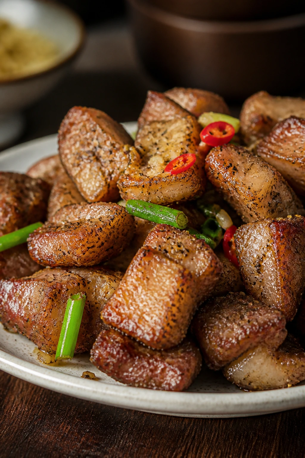 Close-up of pork shoulder with crisp edges in peppery glaze
