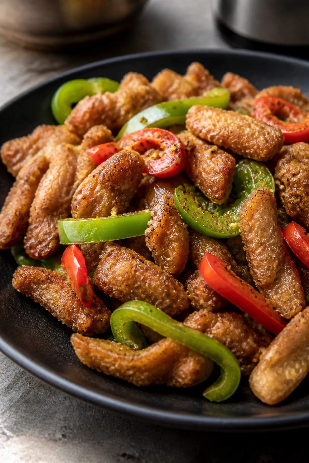 Crispy salt and pepper pork with peppers on a dark plate