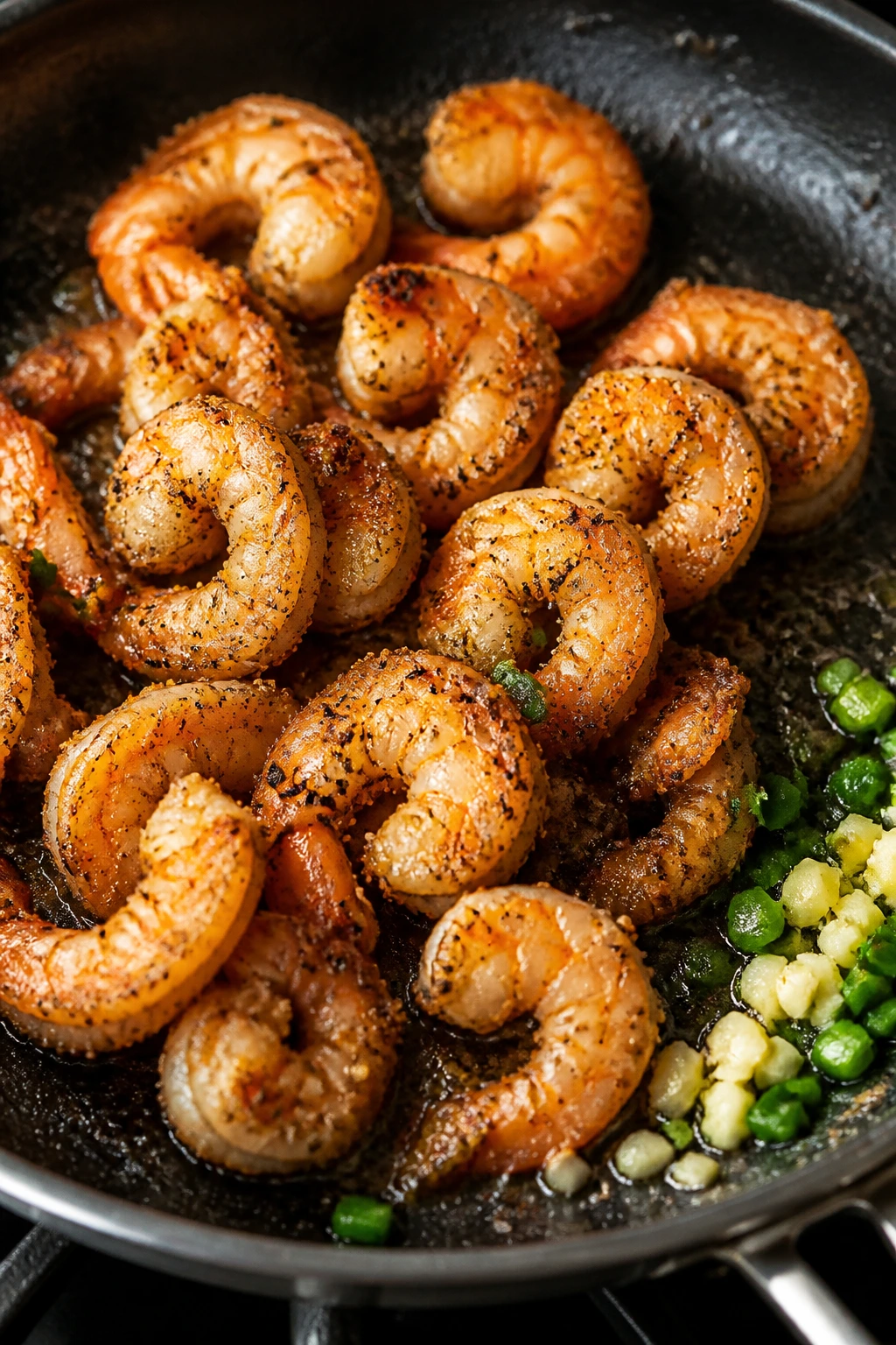 Close-up of crispy salt and pepper shrimp in a skillet