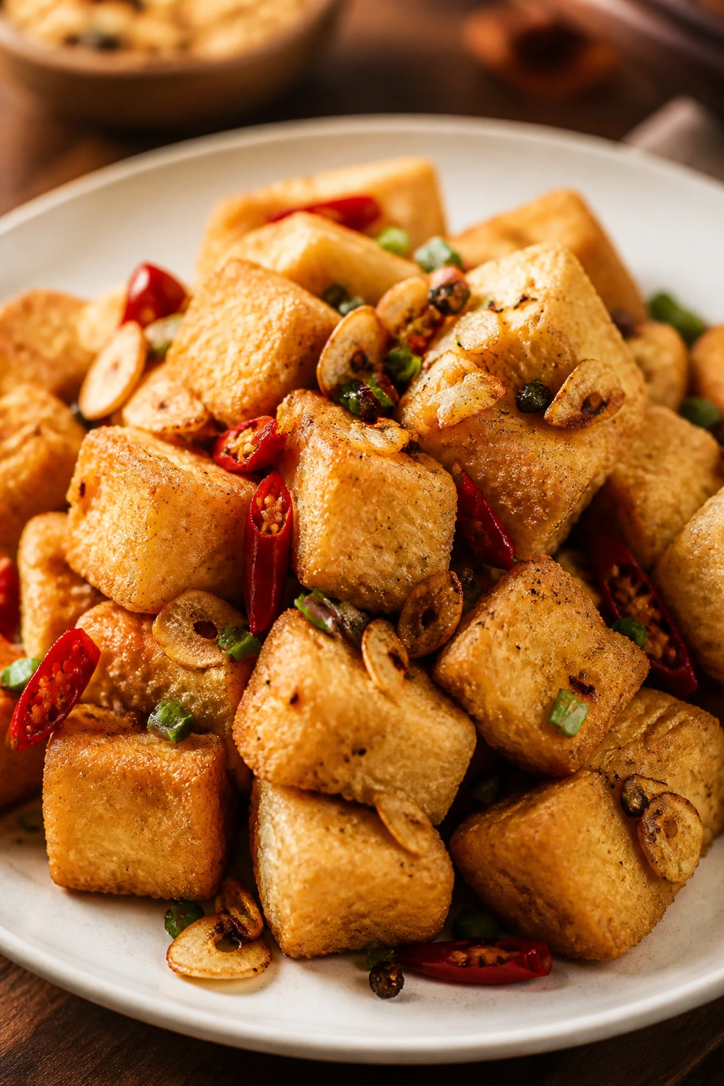 Crispy salt and pepper tofu with garlic and chilies on a plate