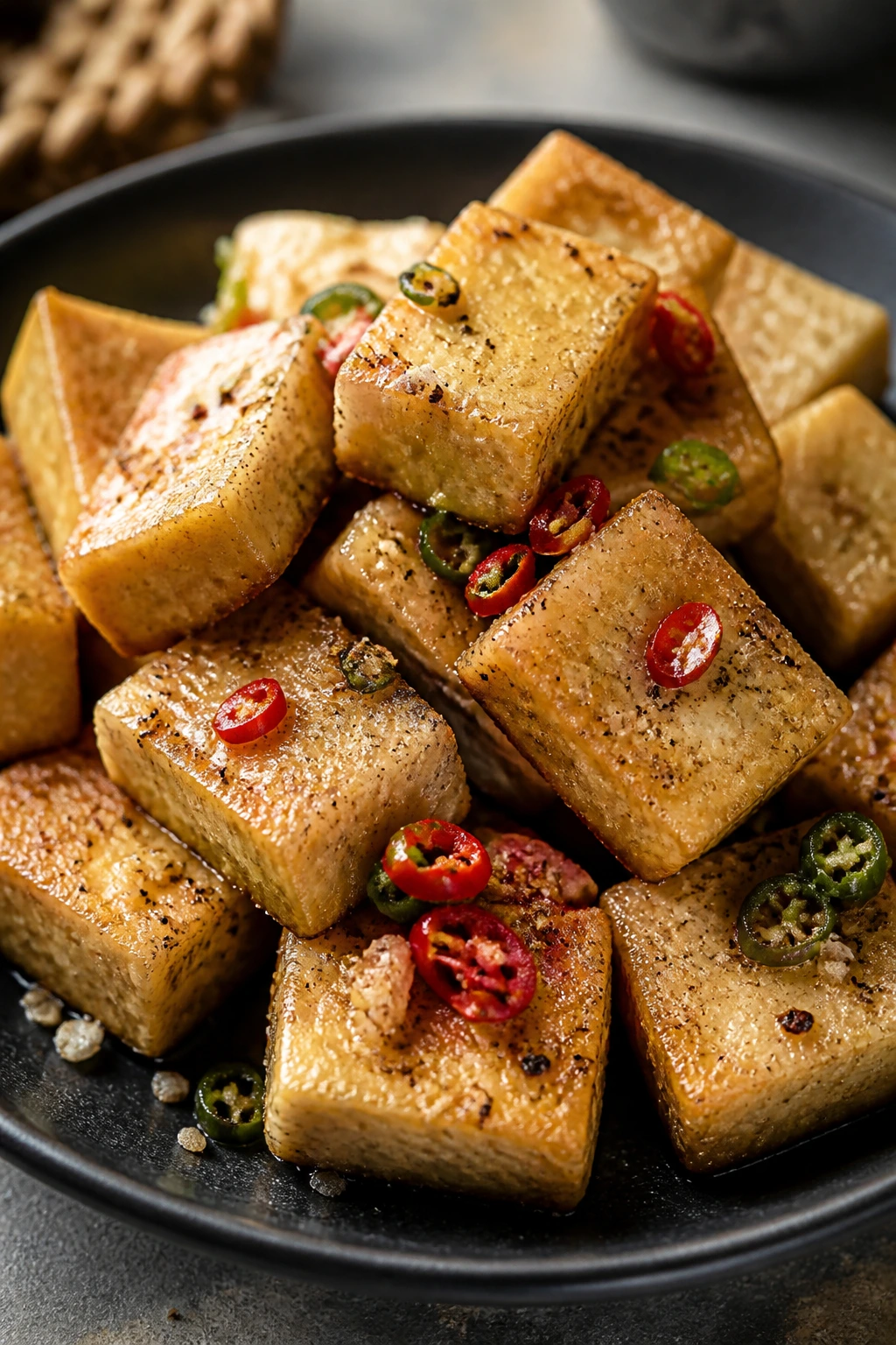 Close-up of crusty salt and pepper tofu