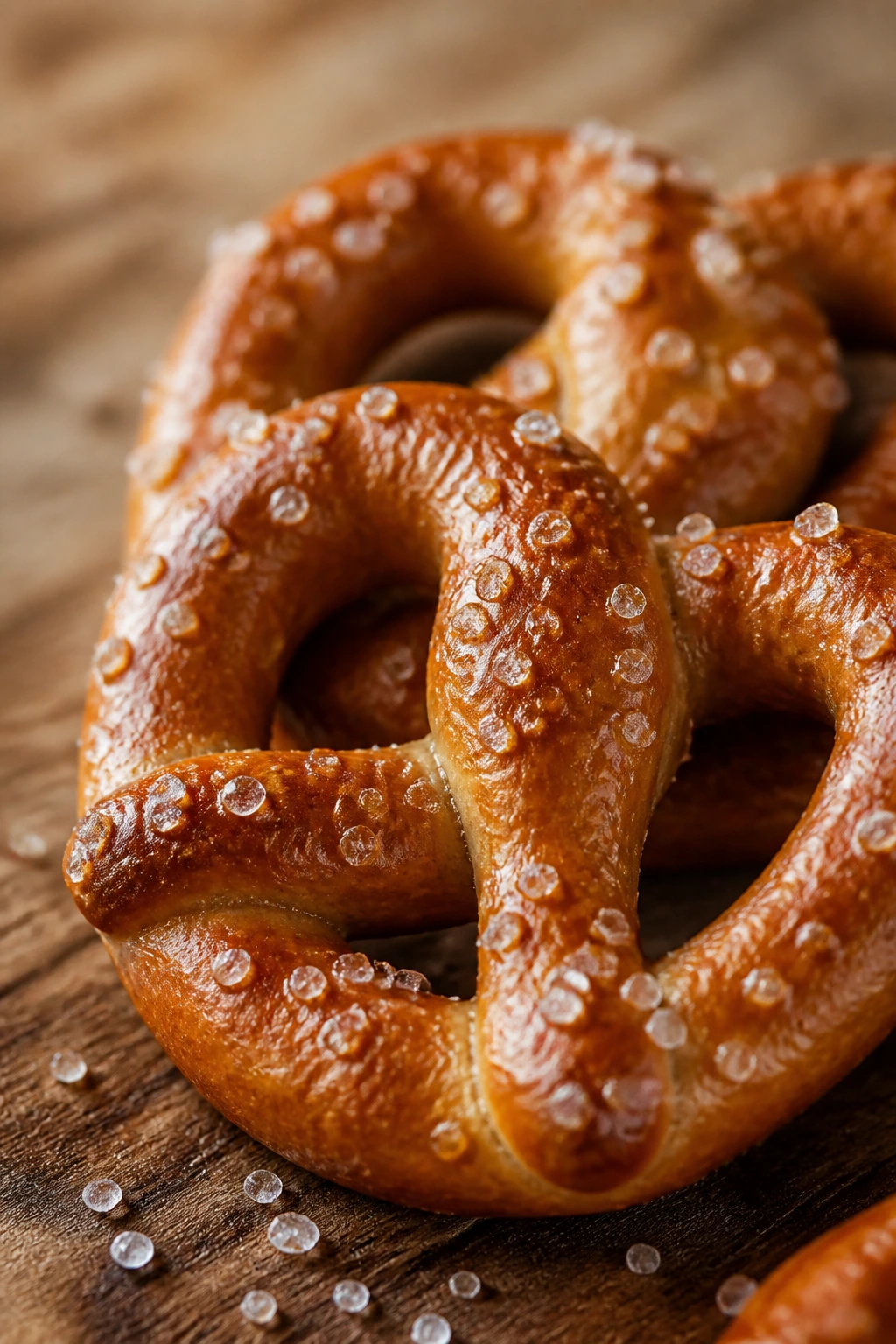 Close-up of salted pretzel with visible salt crystals on wood