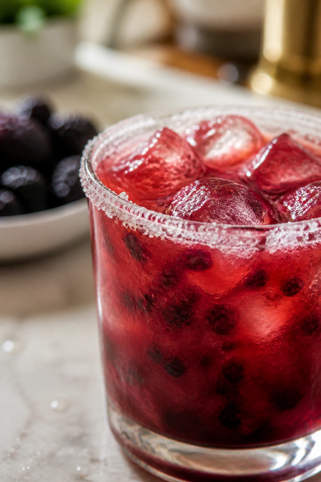 Berry cocktail with a salt-rimmed glass catching light