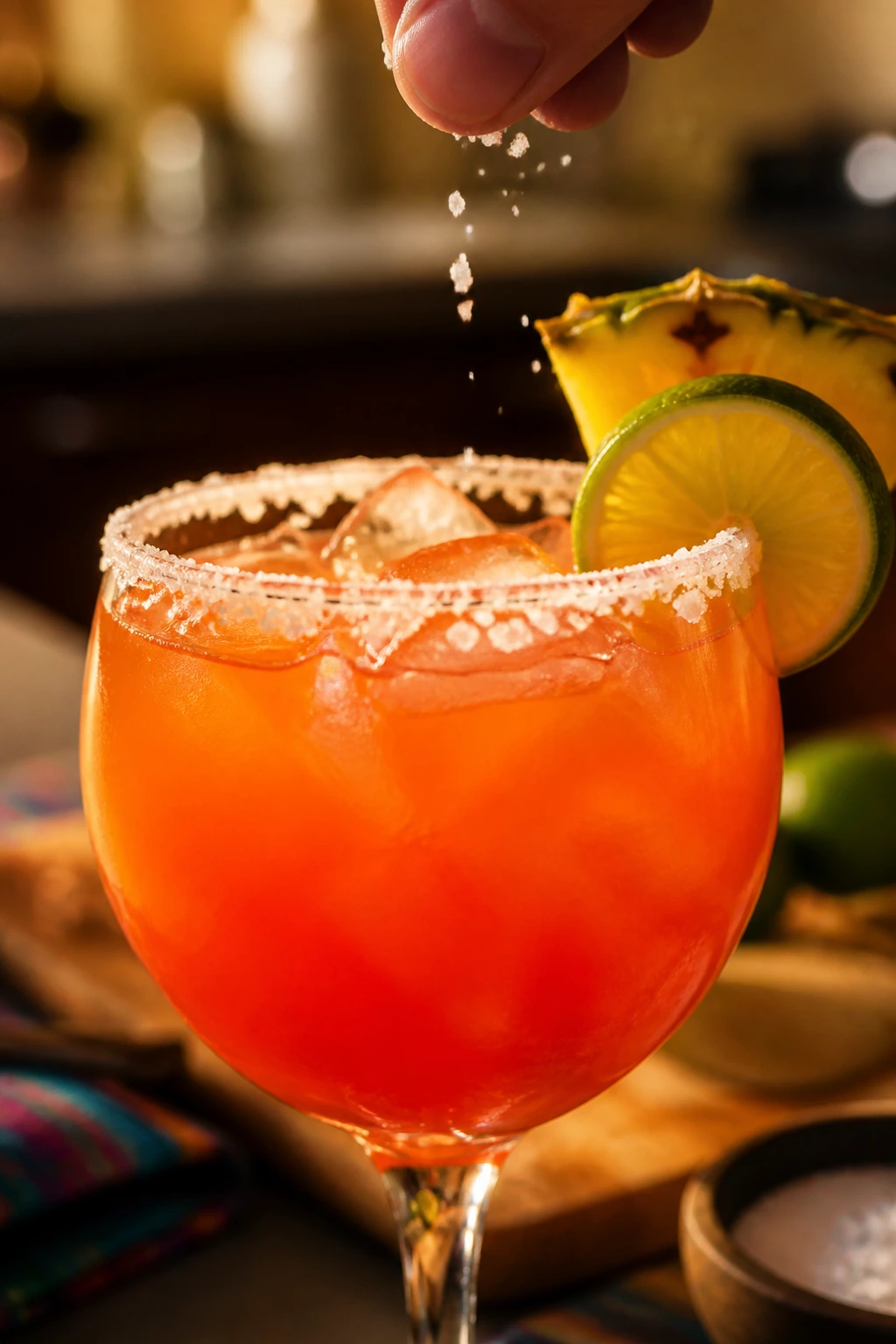 Salted rim tropical cocktail with pinch of salt near the rim