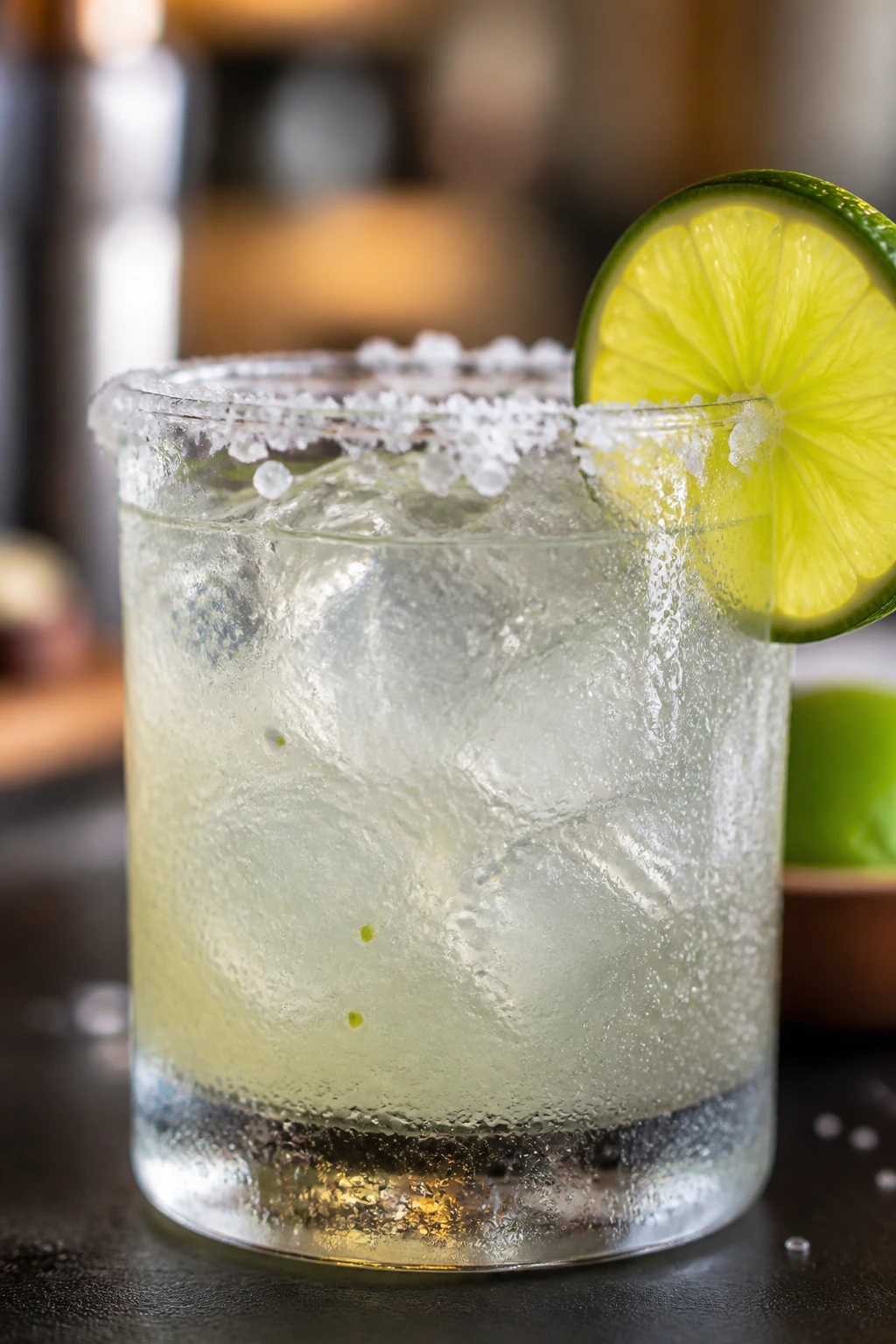 Cocktail glass with salted rim and lime wheel, condensation on the surface.