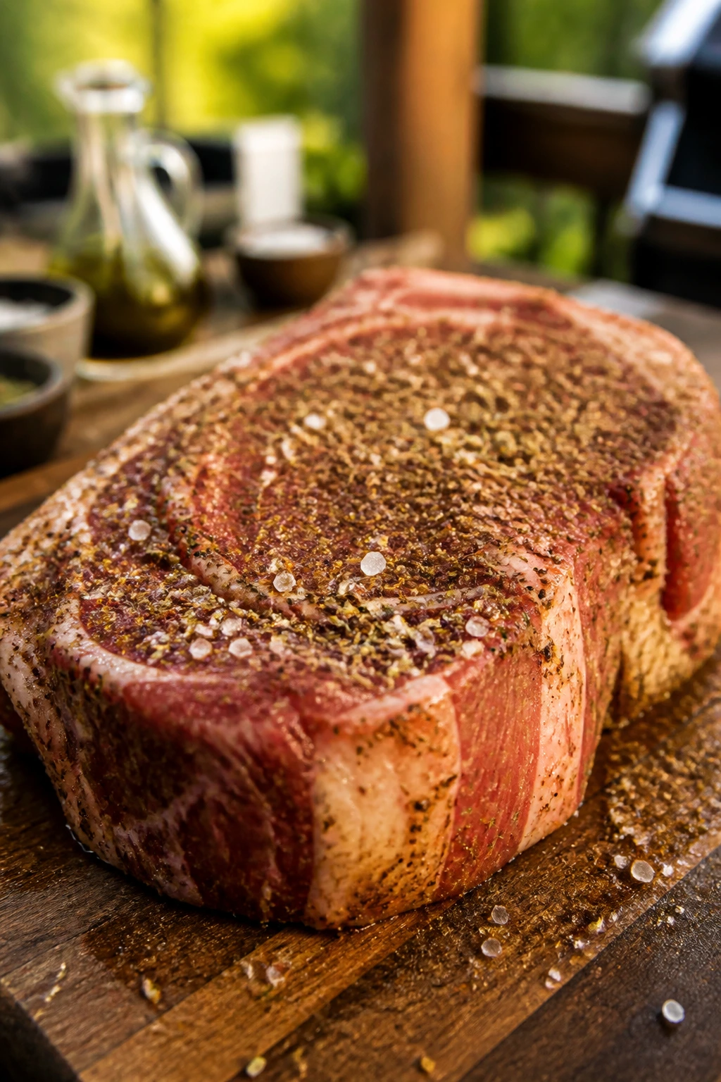 Seasoned ribeye on a cutting board with visible salt and rubs