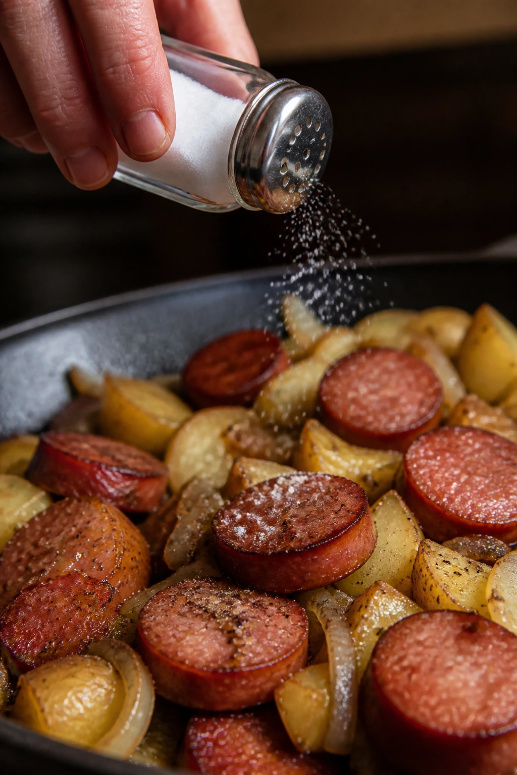 Hand sprinkling salt over smoked sausage and potatoes