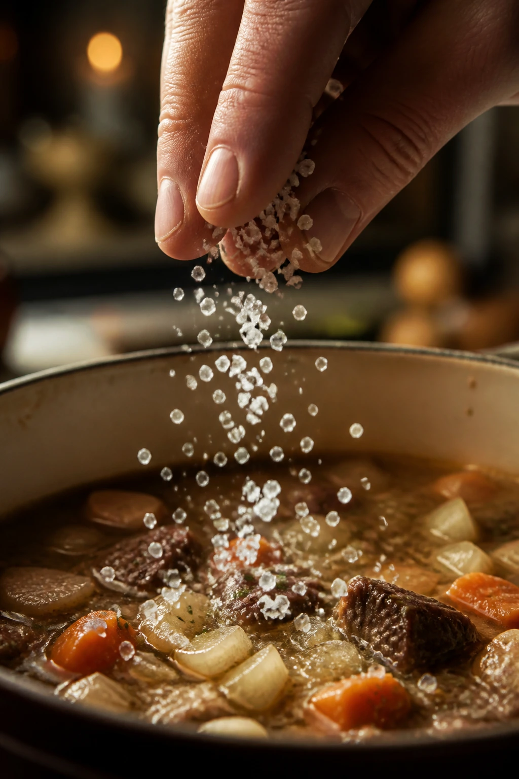 Coarse salt crystals sprinkled into a pot in a kitchen