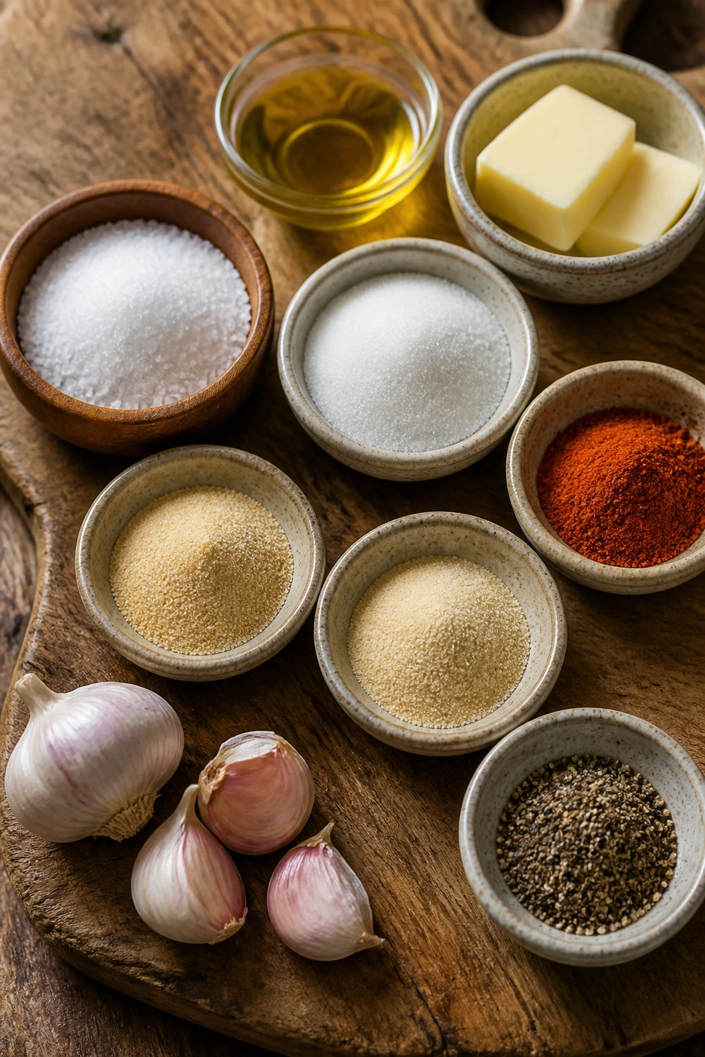 Top-down arrangement of brine and spice ingredients on a wooden surface