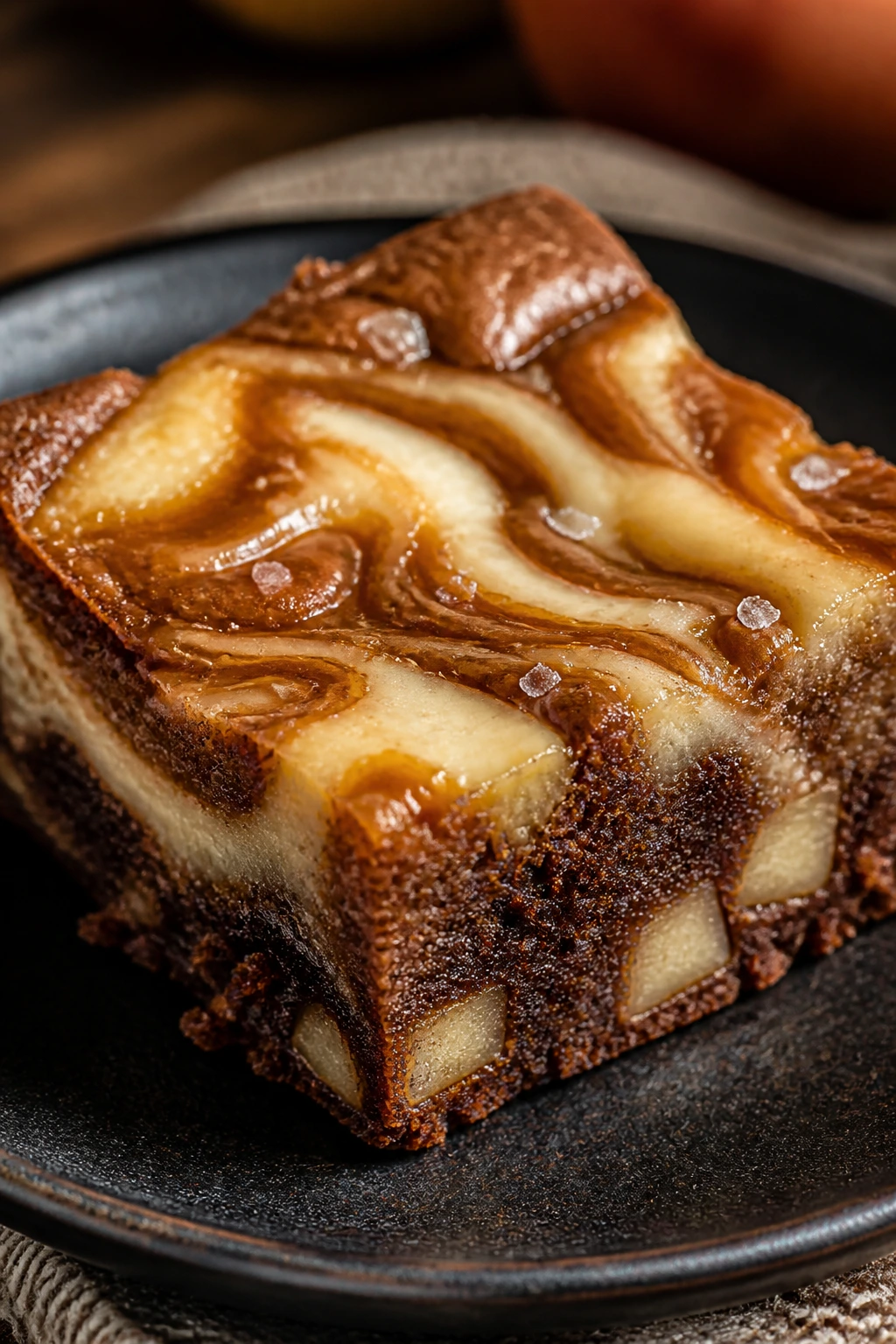 Close-up of salted caramel cheesecake apple brownie square with cheesecake swirl