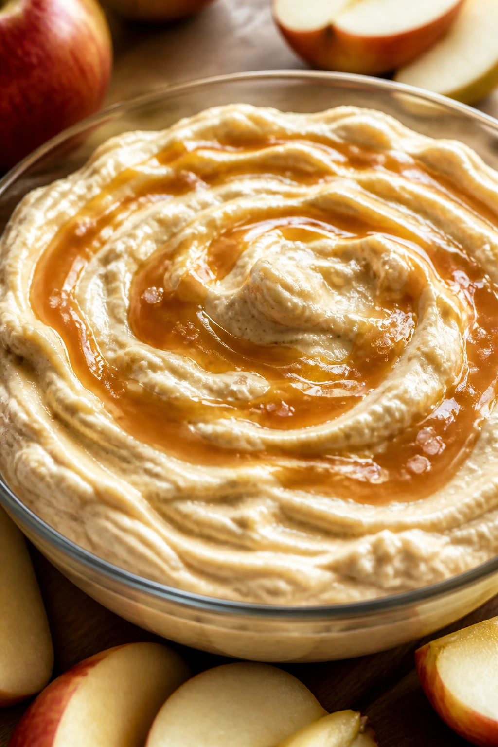 Close-up of salted caramel protein apple dip in a glass bowl with apple slices.