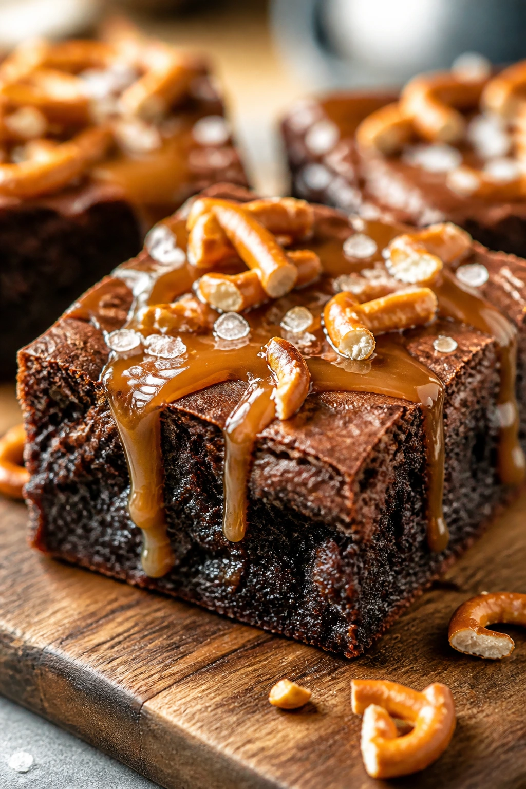Close-up of salted caramel pretzel brownie with caramel drizzle and pretzels