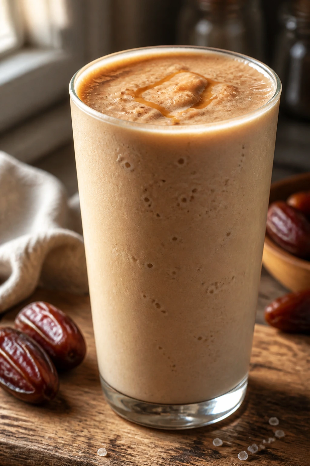 Close-up of salted caramel date smoothie in a glass on a warm kitchen counter