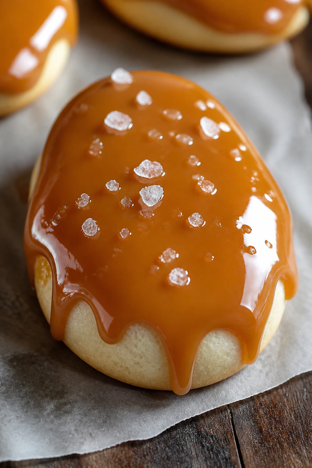 Close-up of salted caramel drip Easter egg cookie with salt