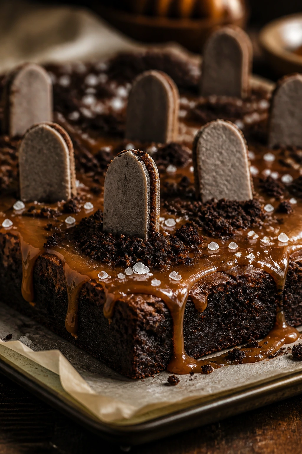 Brownies with caramel ribbons and cookie dirt
