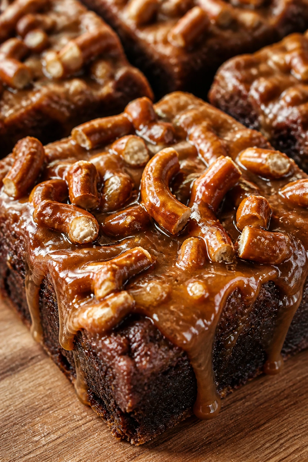 Close-up of a salted caramel pretzel brownie square with caramel drizzle