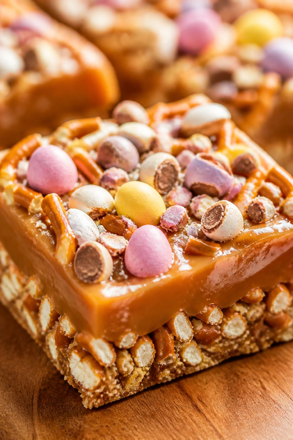 Close-up of salted caramel pretzel bar square with mini eggs on top