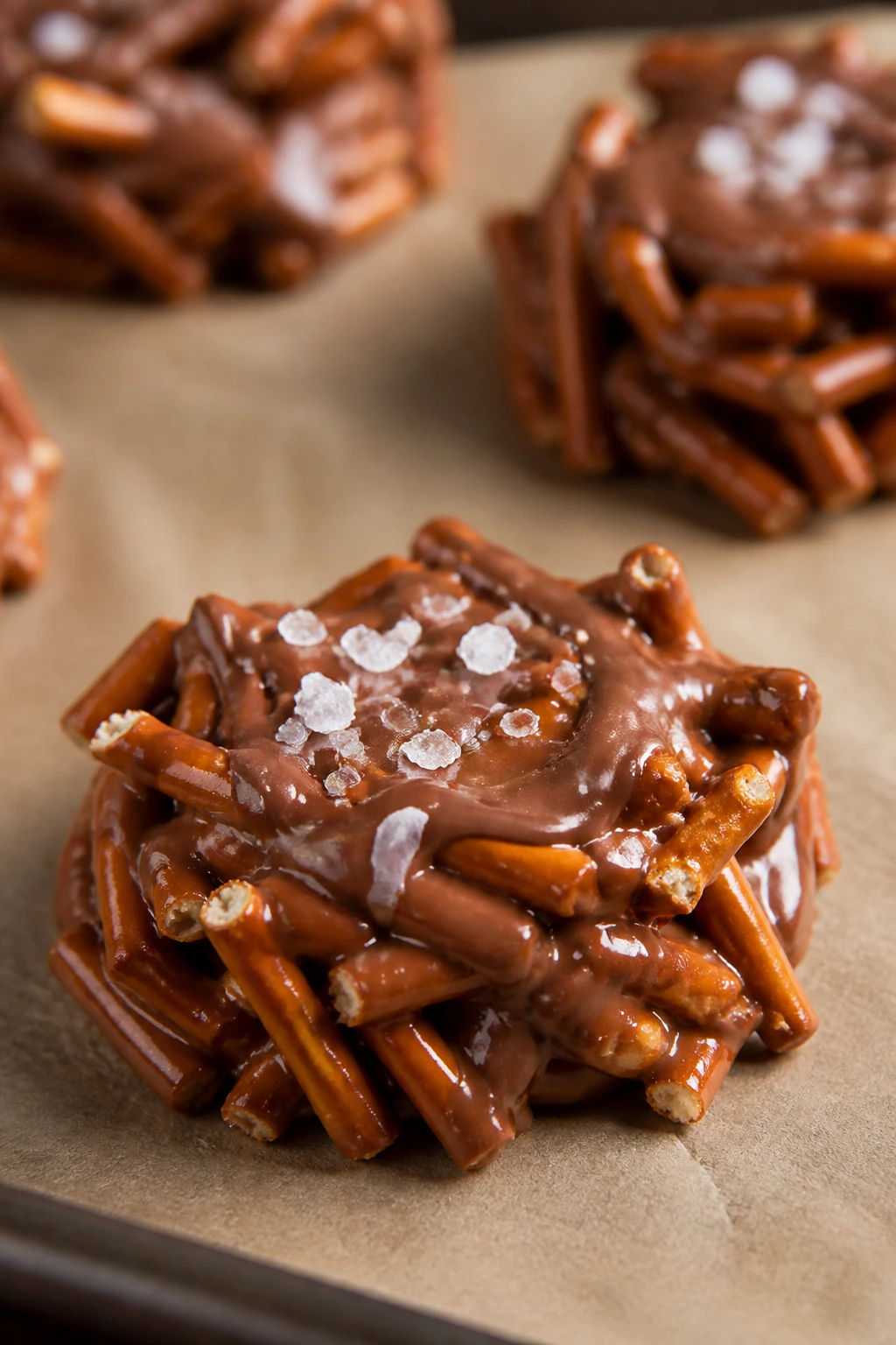 Close-up of salted caramel pretzel nest with caramel and milk chocolate and flaky salt on parchment