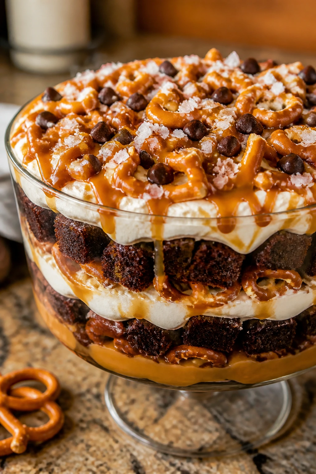 Close-up of Salted Caramel Pretzel Trifle with caramel drizzle and pretzel layers in a glass bowl