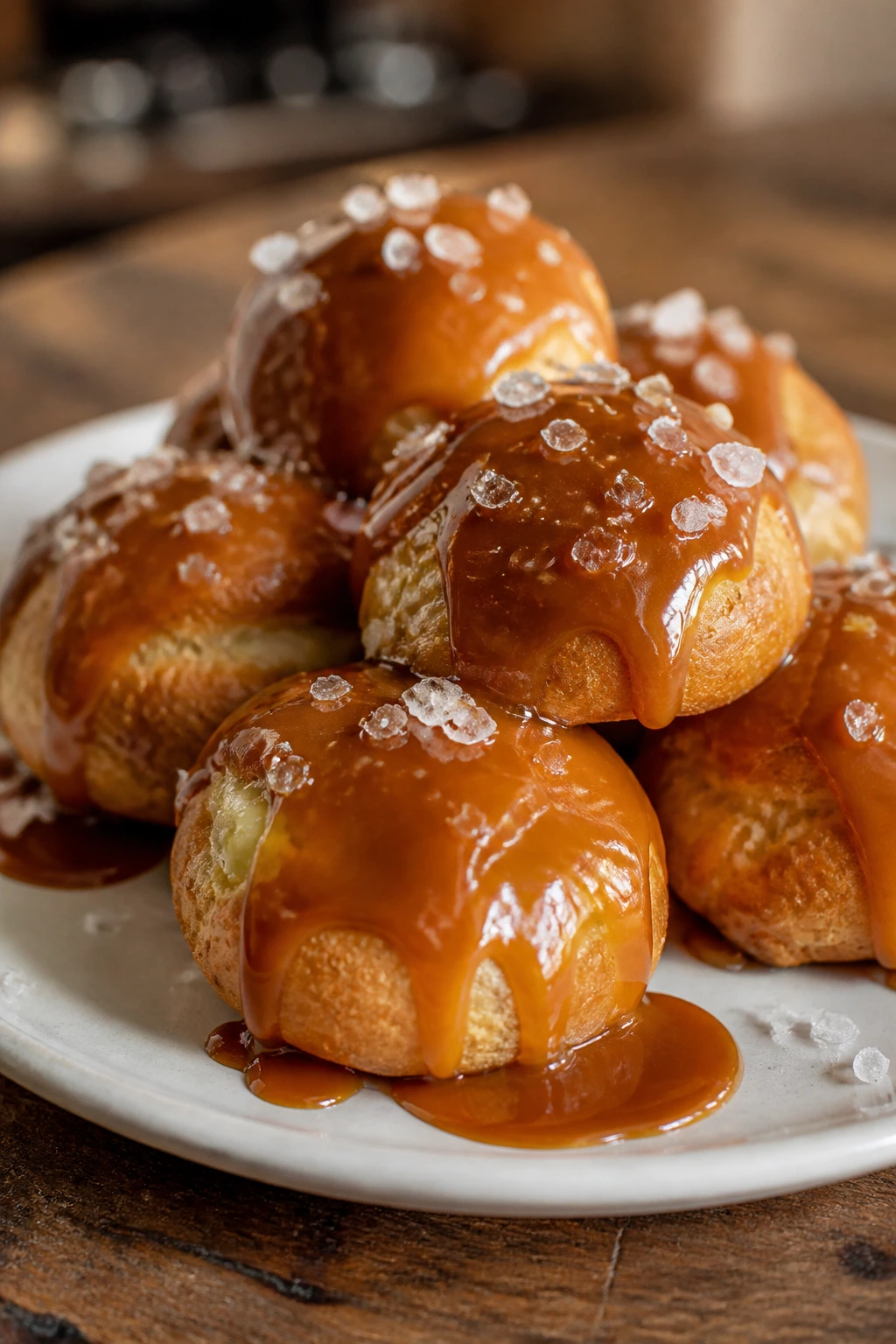 Close-up of salted caramel profiteroles with caramel drizzle and flaky salt on a plate