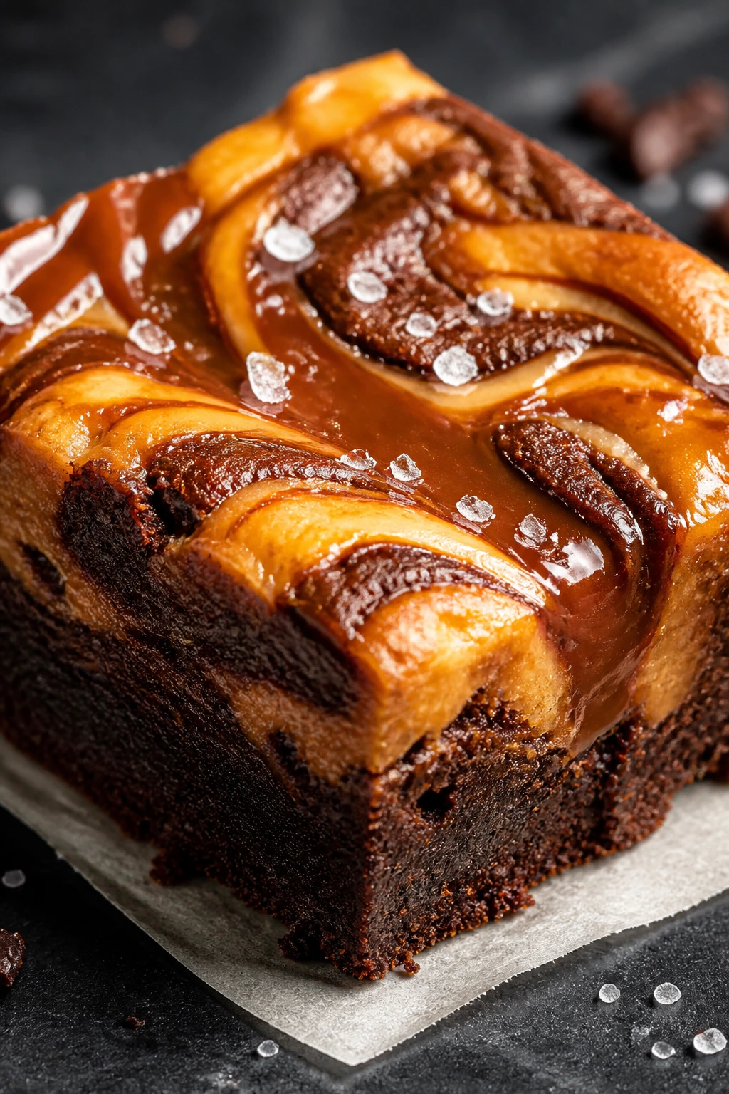Close-up of Salted Caramel Pumpkin Swirl Brownies with caramel ribbon