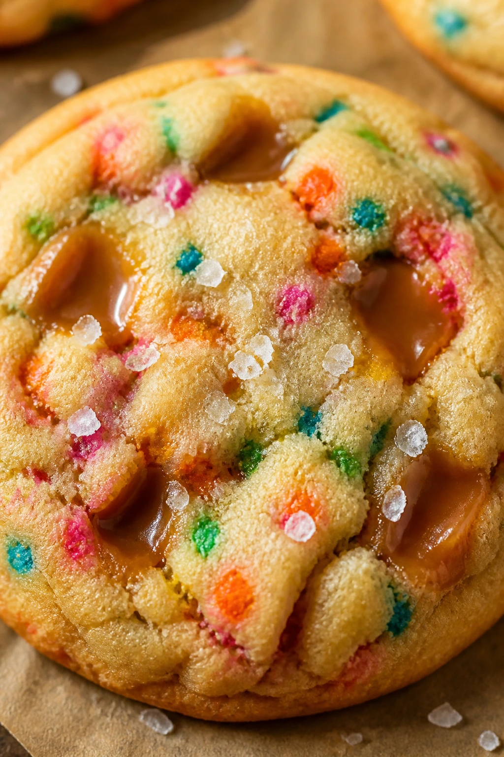 Close-up of salted caramel rainbow cookie with caramel pockets and flaky salt on top