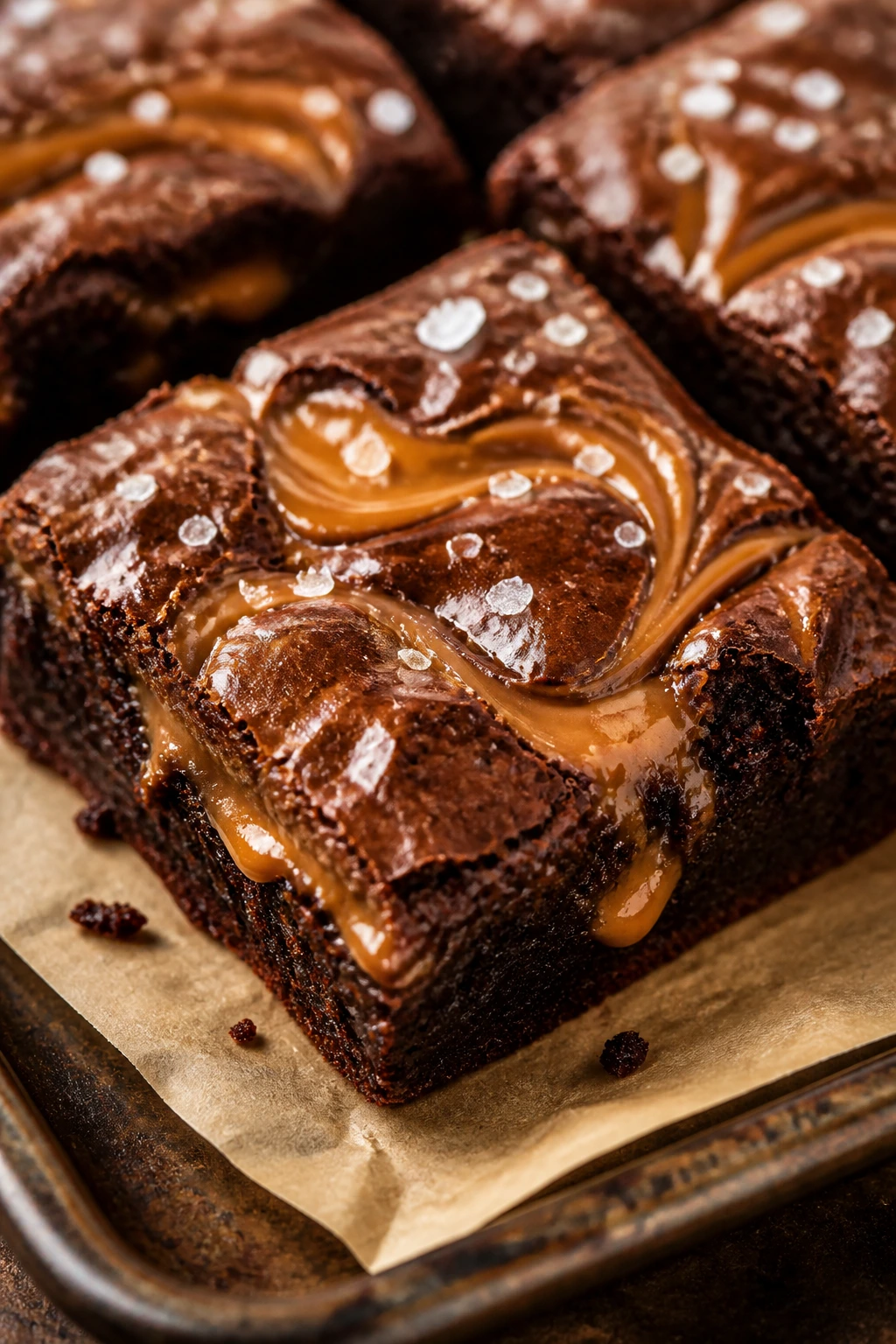Close-up of salted caramel swirl brownie with caramel ribbons