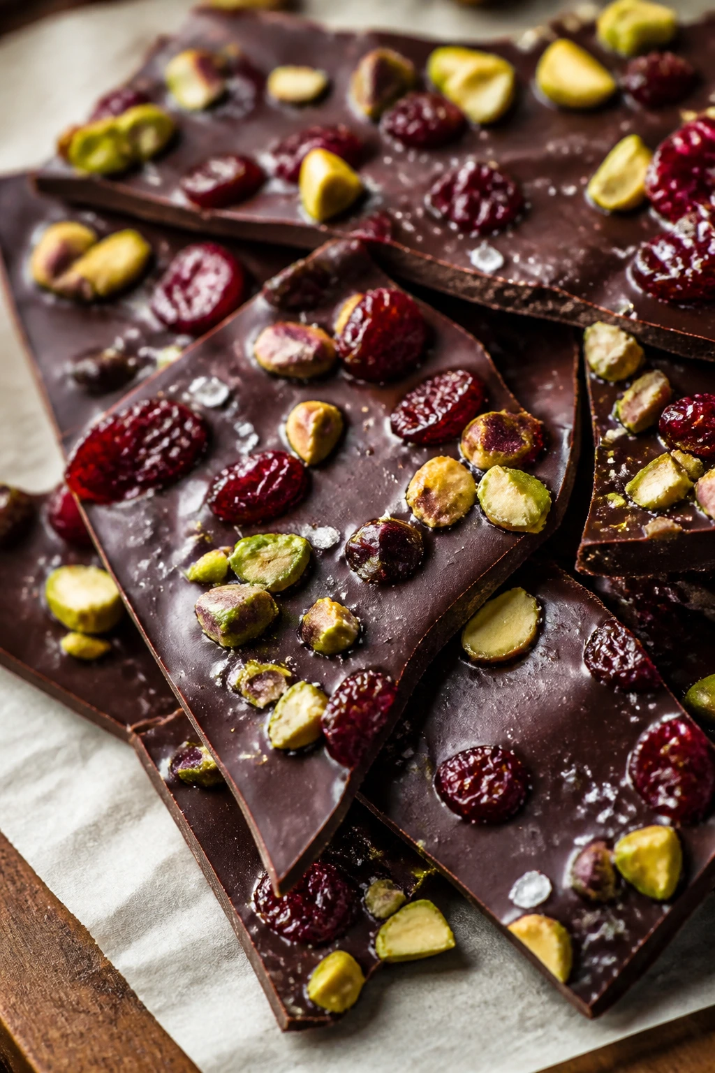 Close-up of salted chocolate bark with cranberries and pistachios on parchment