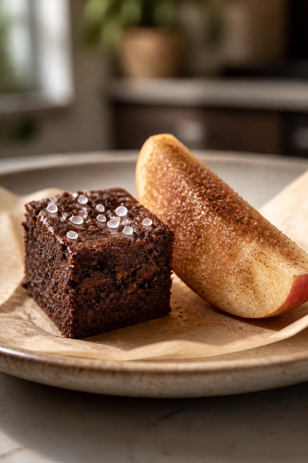 Close-up of salted brownie bite and cinnamon-sugar apple slice on parchment plate