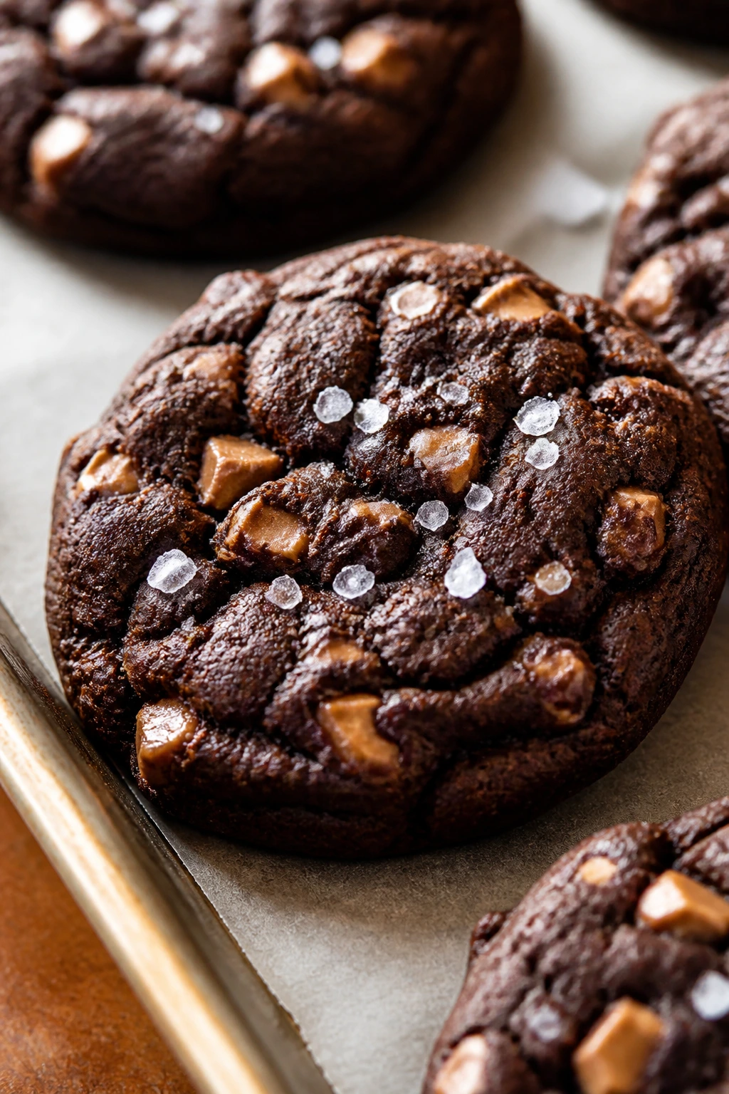 Close-up of Salted Chocolate Toffee Cookie with toffee bits and flaky salt