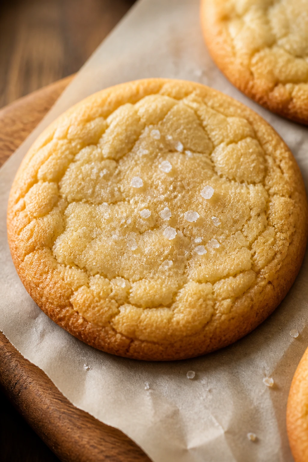 Close-up of a single salted honey sugar cookie with salt flakes on top