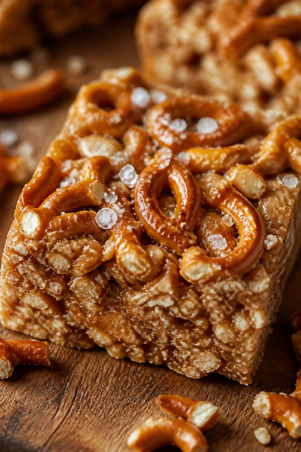 Close-up of salted honey pretzel protein bar with pretzel pieces on wooden board