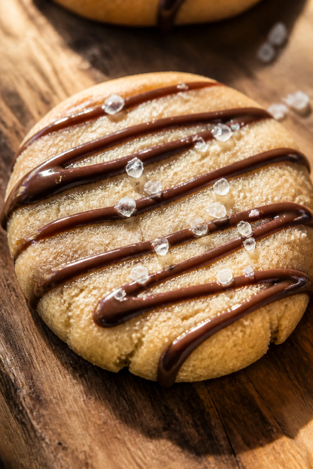 Close-up of a salted Nutella shortbread cookie with Nutella drizzle on a wooden board