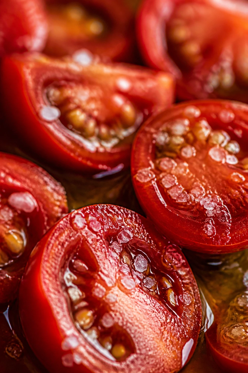 Macro shot of salted tomato halves enhancing flavor