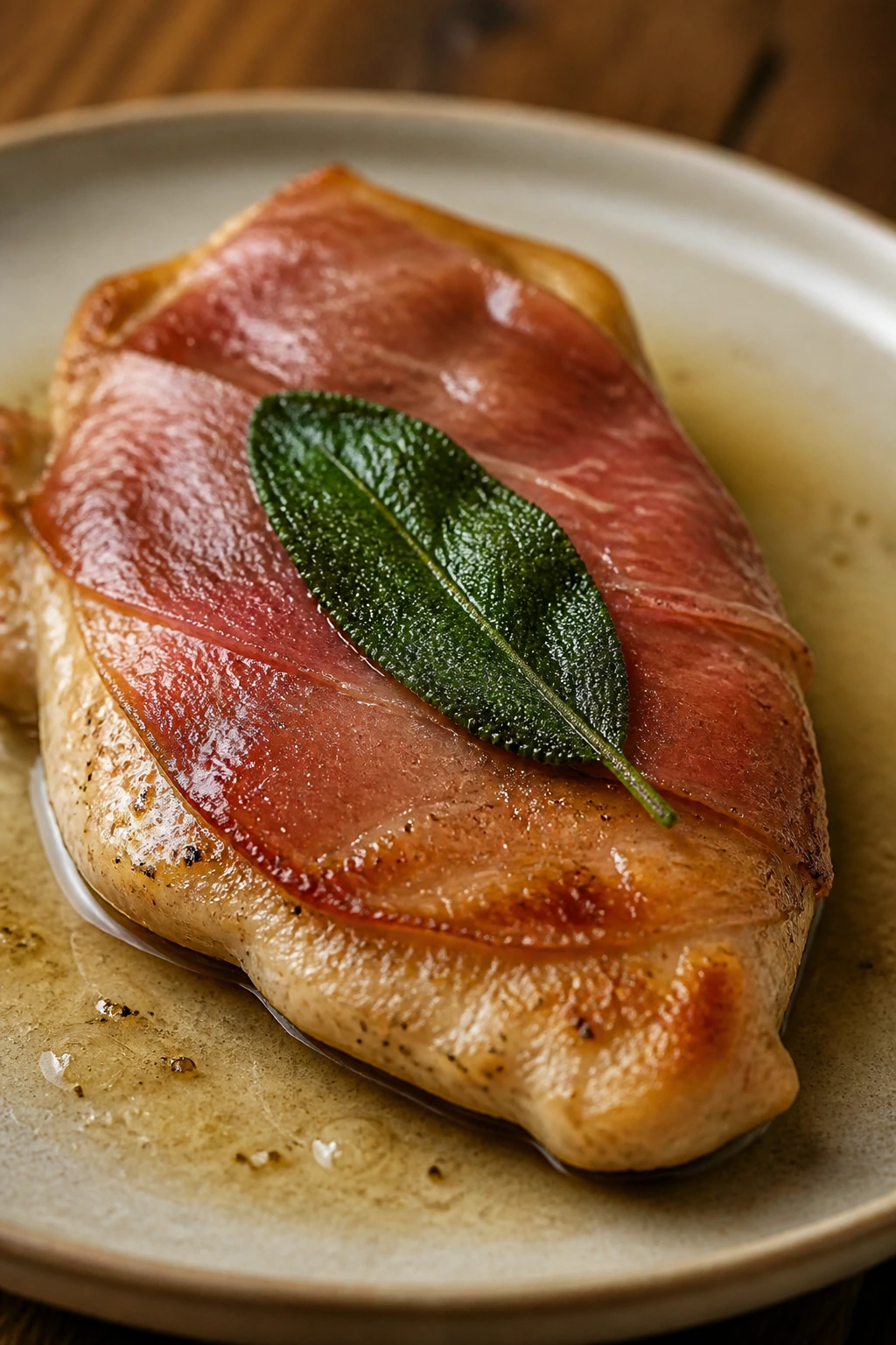 Close-up of Chicken Saltimbocca with Sage and Prosciutto on a plate
