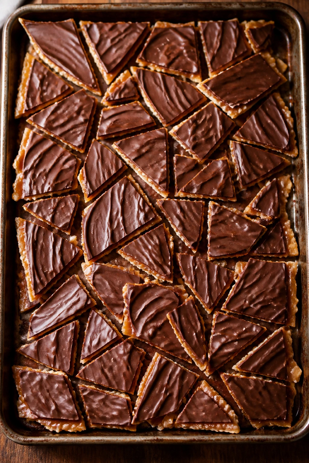 Top-down view of saltine toffee on a baking sheet with chocolate chips