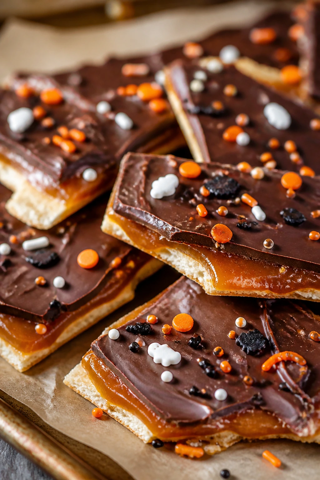 Close-up of saltine toffee boo bark with crackers and sprinkles on parchment